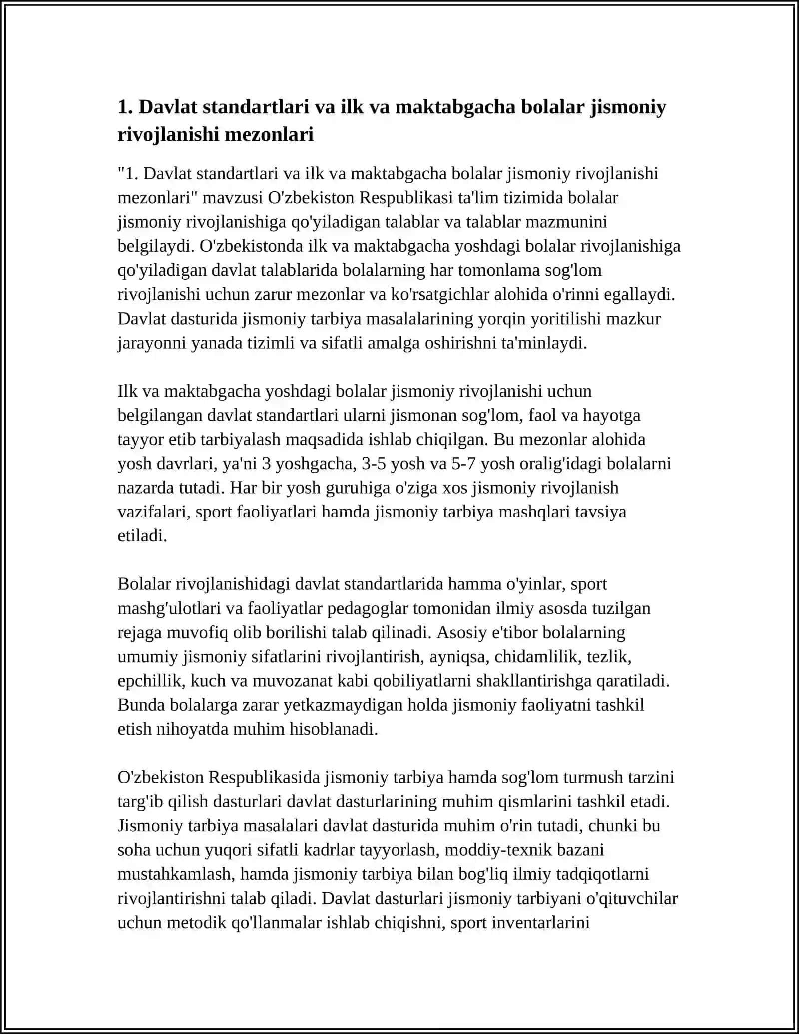 ILK VA MAKTABGACHA BOLALAR RIVOJLANISHIGA QO'YILADIGAN DAVLAT TALABLARI VA DAVLAT DASTURIDA JISMONIY TARBIYA MASALALARINING YORITILISHI 4