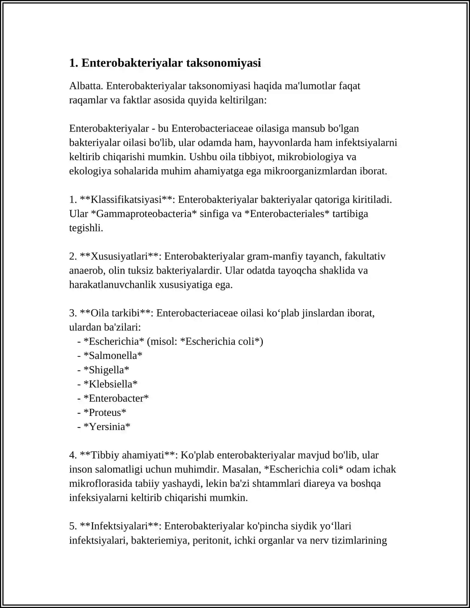 BAKTERIAL TABIATLI ICHAK INFEKSIYALARI ENTEROBAKTERIYALAR TAKSONOMIYASI ASOSIY BIOLOGIK XUSUSIYATLARI INSON PATOLOGIYASIDAGI ROLI KOLIINFEKSIYALAR IYERSINOZLAR MIKROBIOLOGIK DIAGNOSTIKASI MAXSUS PROFILAKTIKASI 4