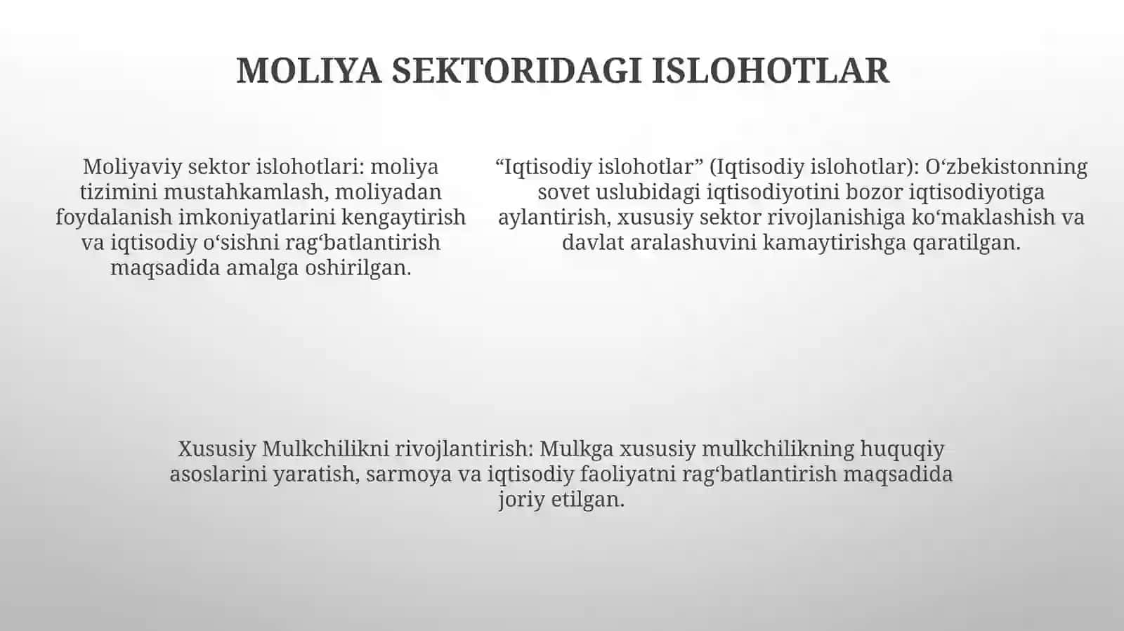 Iqtisodiy Islohotlar,Xususiy Mulkchilikni Shakllanishi,Ozbekistonda Bozor Munosabatlarining Rivojlanishi 4