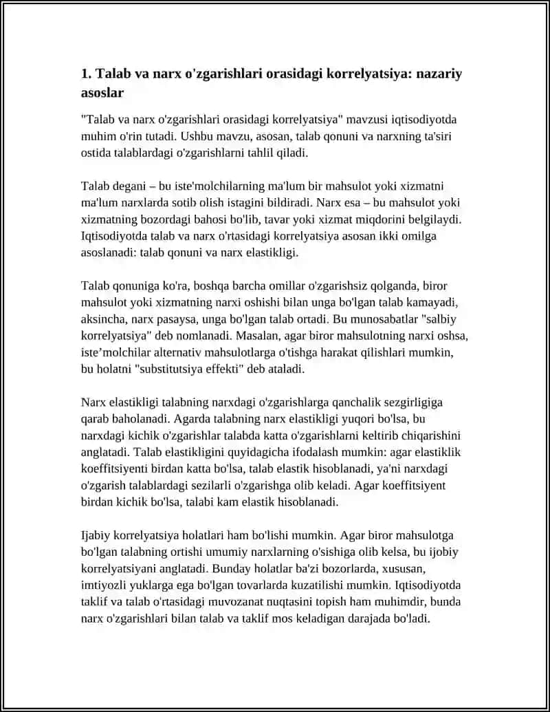 TALAB, TAKLIF VA NARX O'ZGARISHLARI O'RTASIDAGI KORRELYATSIYA 4
