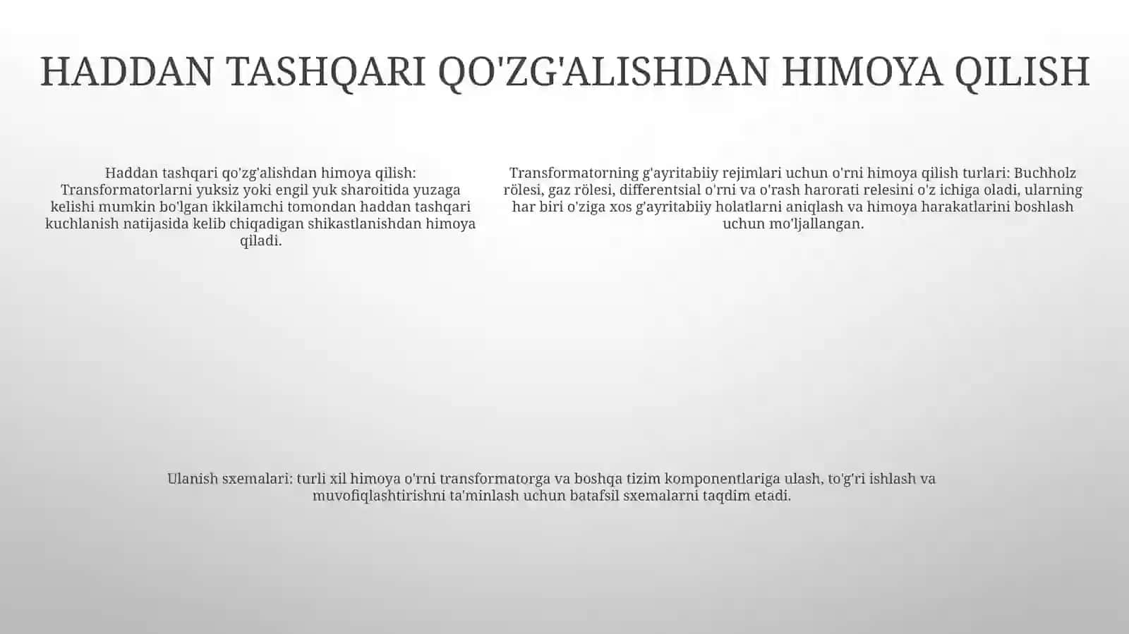 Transformatorlarning Normal Bo‘Lmagan Rejimlari Uchun Rele Ximoya Turlari, Ulanish Sxemalari 4