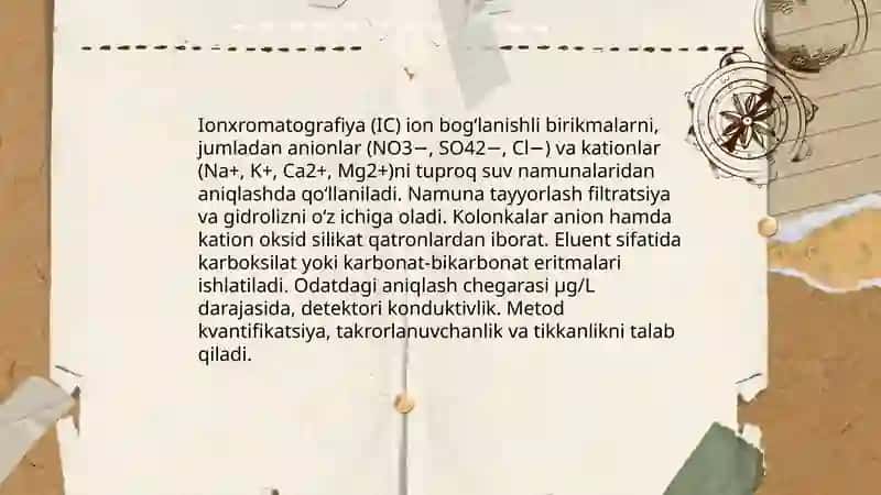 Tuproq suvining ifloslanishida ion bog'lanishli birikmalarni aniqlab ulardan tozalash g'oyasini ishlab chiqish 4