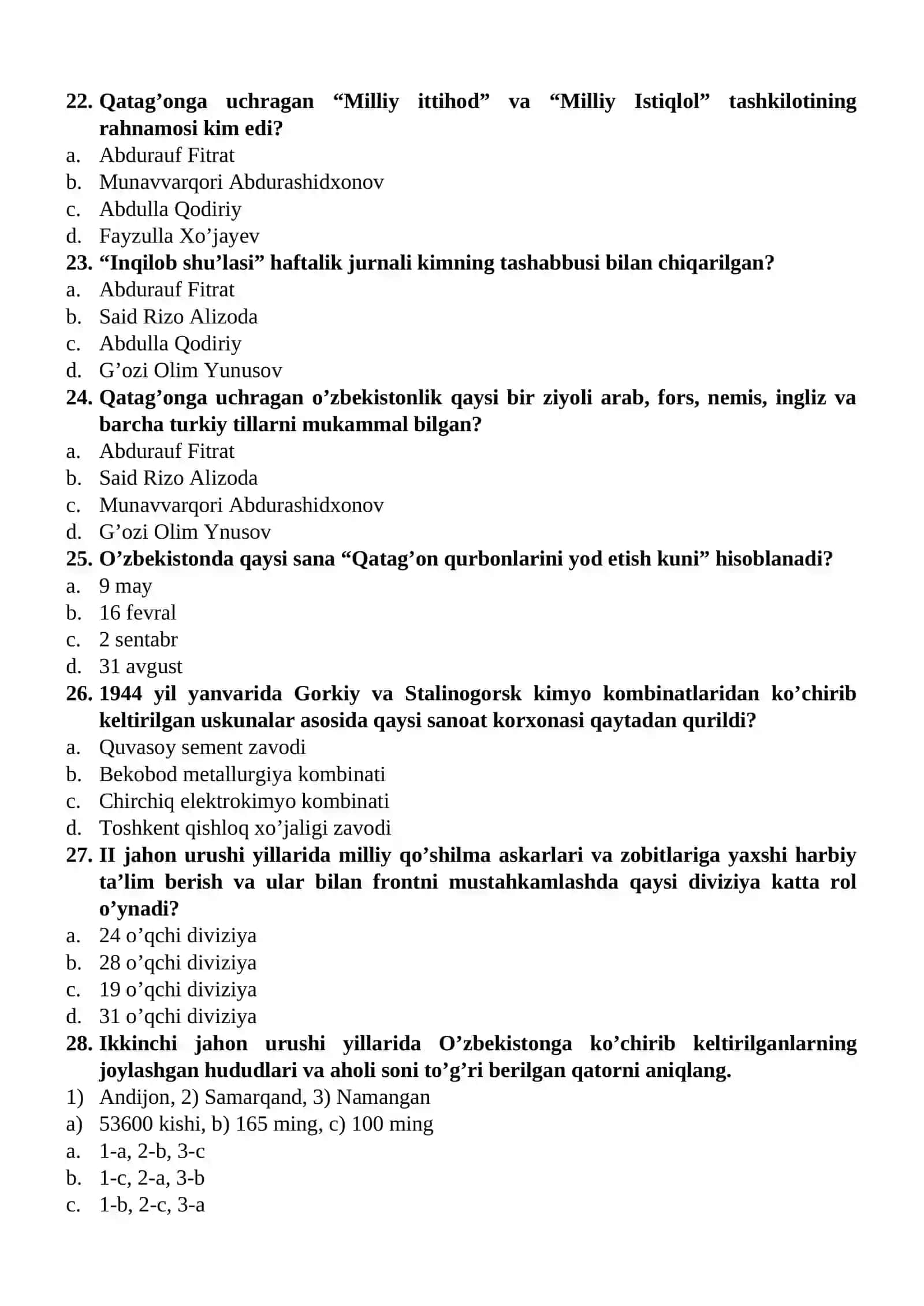 O’zbekiston tarixi fanidan yakuniy davlat attestatsiyasi uchun test savollari to’plami: 1 qism 4