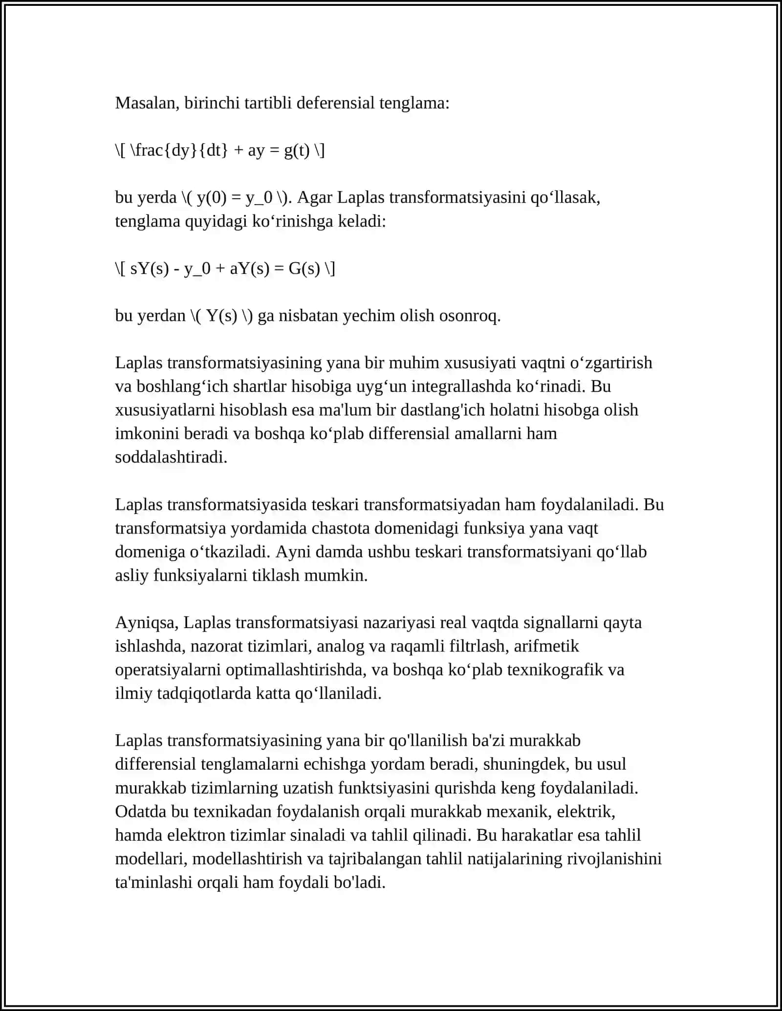 2-TARTIBLI DIFFERENSIAL TENGLAMA MASALASINI MATLABDA LAPLAS TRANSFORMATSIYASI YORDAMIDA YECHISH 4