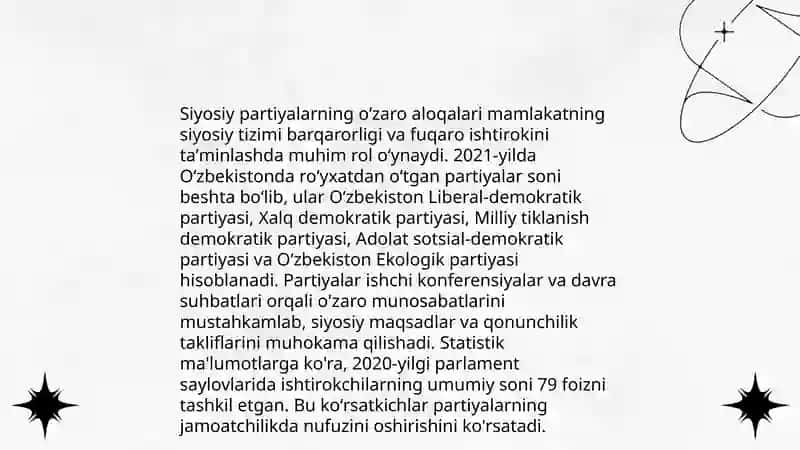 Oʻzbekistonda koʻppartiyaviylik tizimi va siyosiy partiyalar faoliyati. 4