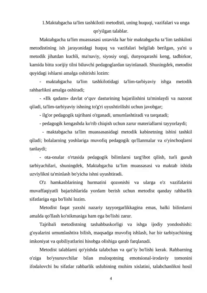 Maktabgacha taʼlim muassasalari metodisti va uni pedagogik jarayonlarni tashkil etishdagi oʻrni 4