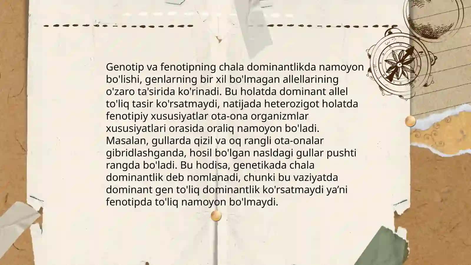 Genetika fanidan CHala dominantlik ya'ni belgilarning oraliq holda irsiylanishi 4