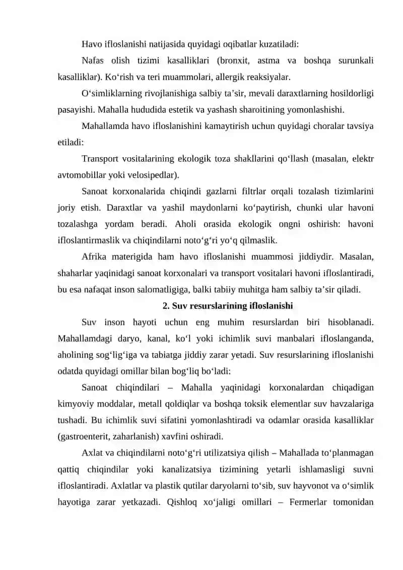 Mening mahallamdagi ekologik muammolar. Afrika Materigi 4