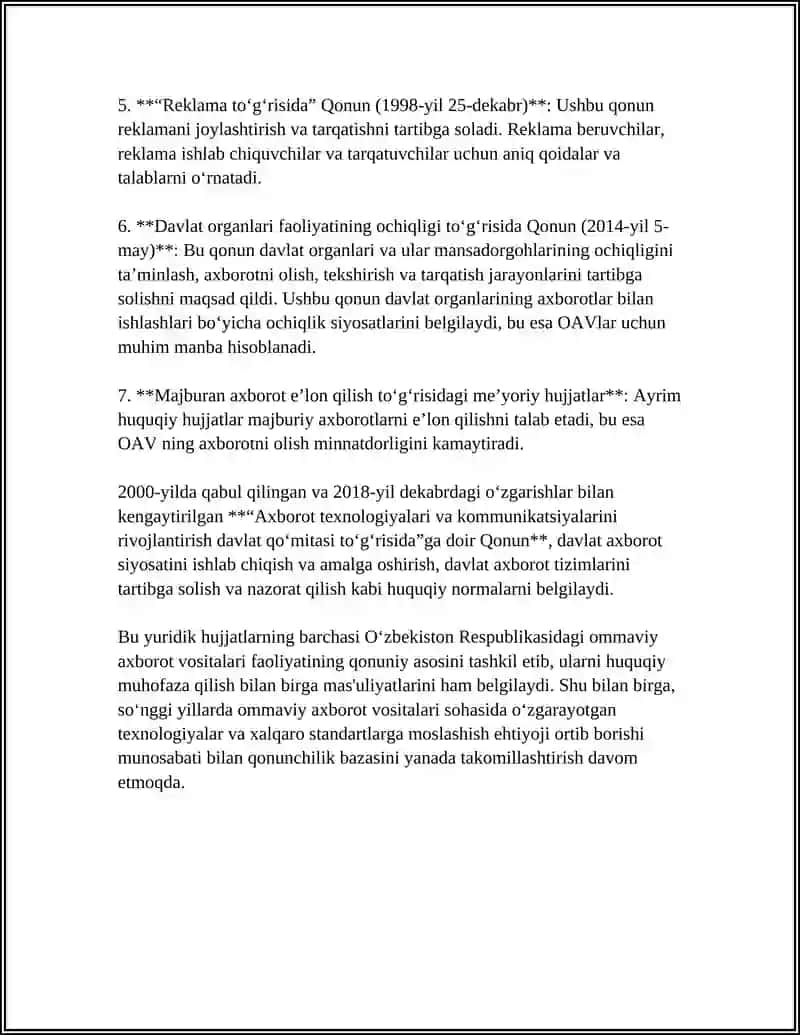 O'zbekiston Respublikasi ommaviy axborot vositalarining qonuniy asoslari 4