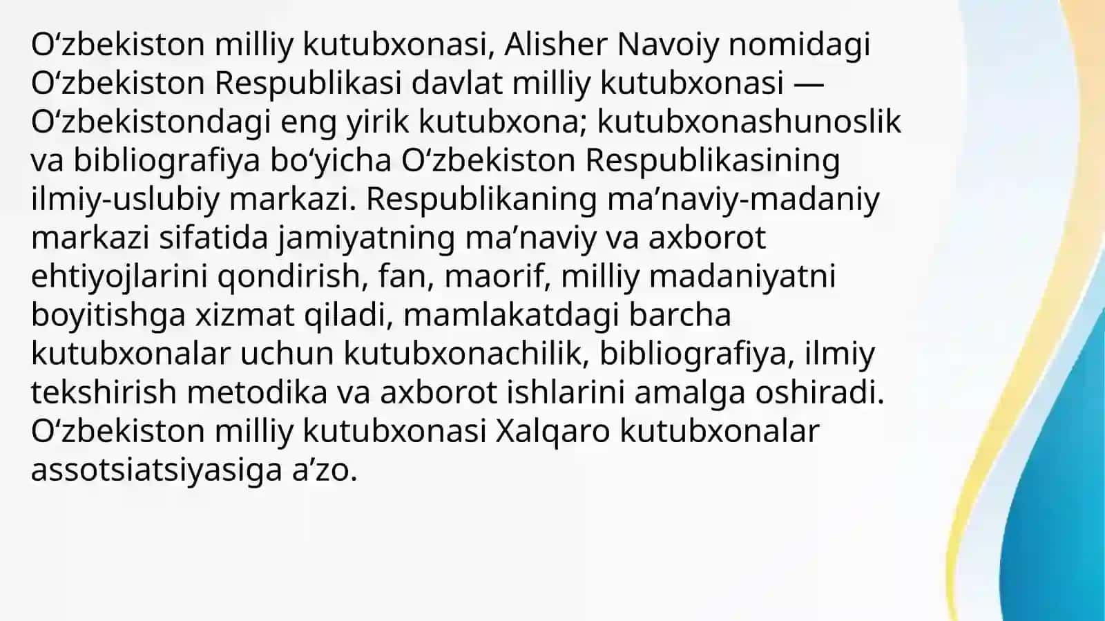 ALISHER NAVOIY NOMIDAGI O`ZBEKISTON MILLIY KUTUBXONASINING FAOLIYATI MAVZUSIDA TAYYORLAGAN TAQDIMOTI 4