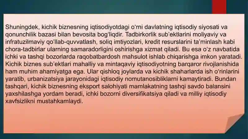 Iqtisodiyotda faoliyat ko'rsatayotgan kichik biznes va tadbirkorlik sub'ektlarining eksport qilish imkoniyatlari. 4