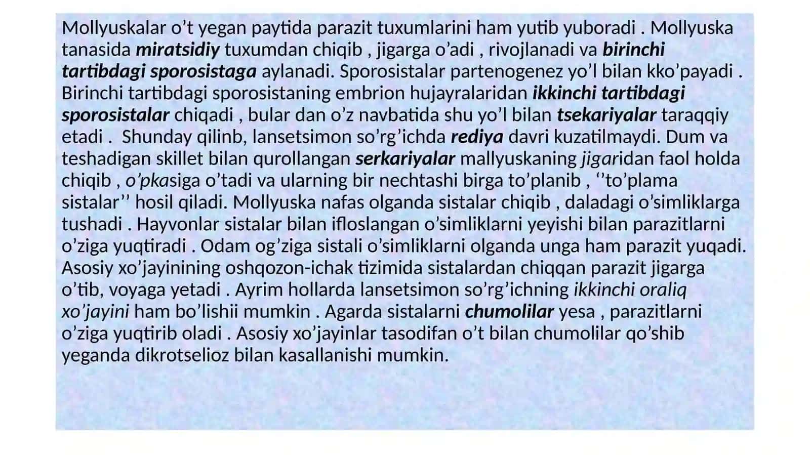 ODAMDA PARAZITLIK QILUVCHI SO’RG’ICHLILAR (O’PKA QURTI , LANSETSIMON SO’RG’ICH , QON QURTI) 4