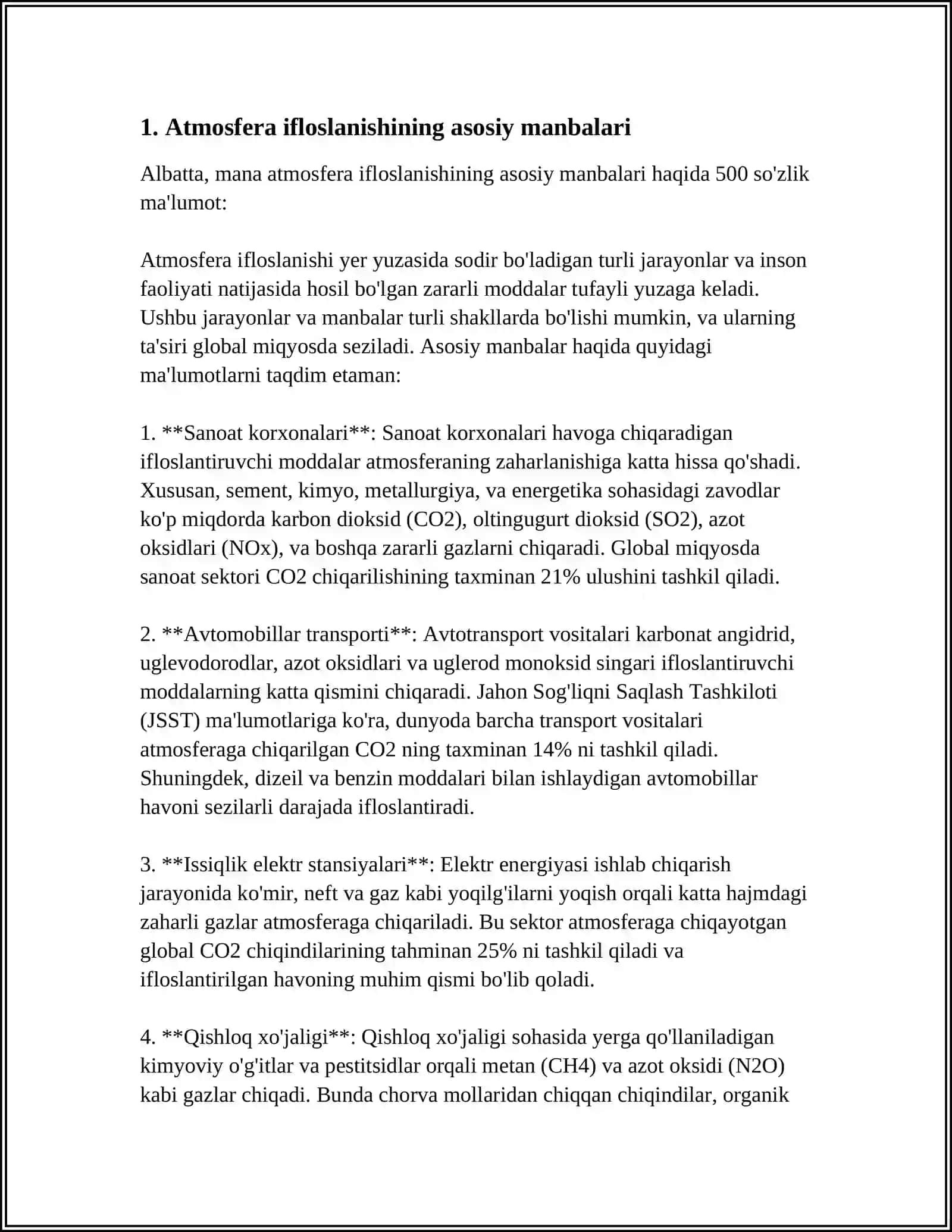 ATMOSFERANING IFLOSLANISH MANBALARI ASOSIY IFLOSLOVCHI BIRIKMALAR ATMOSFERANING MUHOFAZA QILISHNING MUAMMOLARI 4