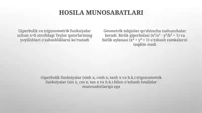 Giperbolik funksiya va Trigonometrik funksiyalarni oʻxshashligi 4