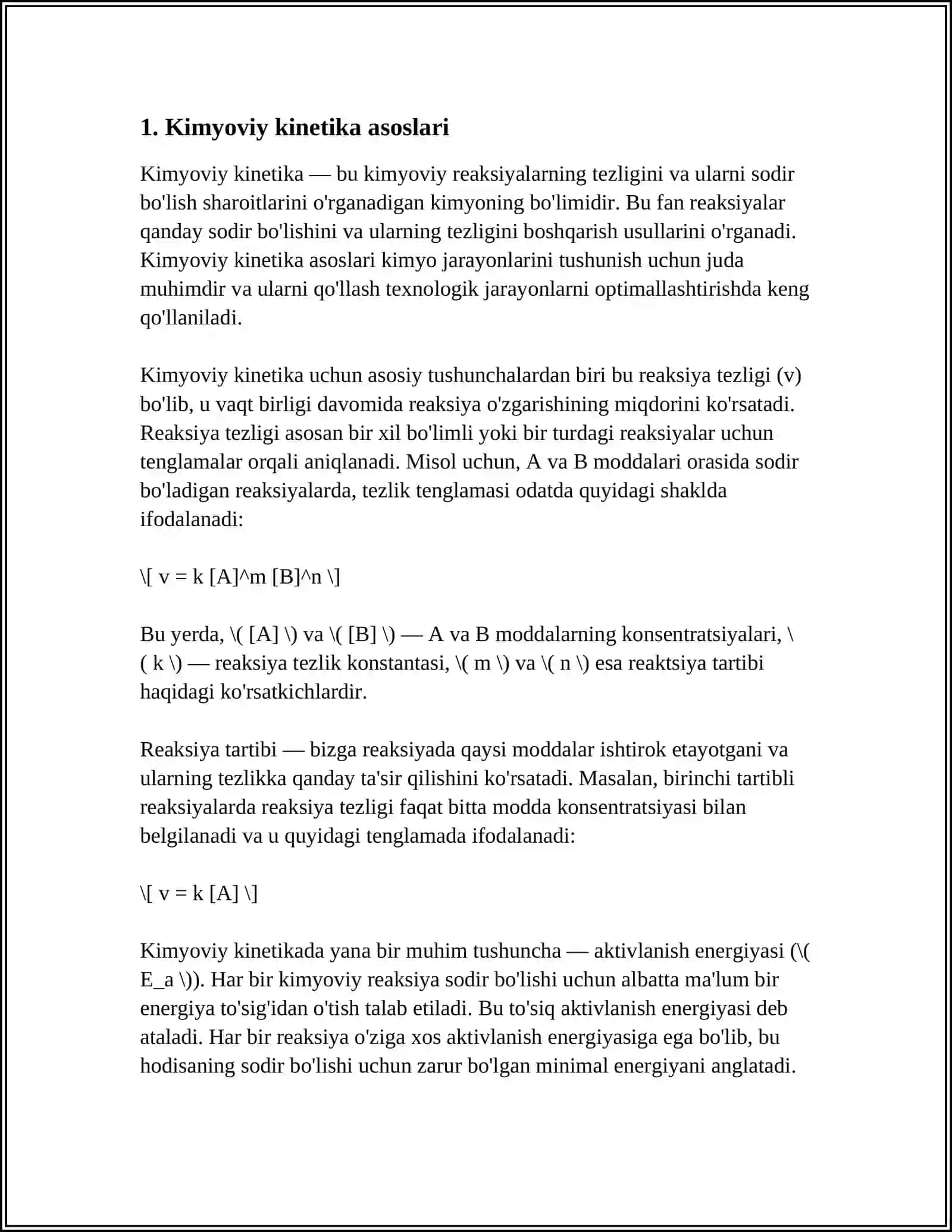 KIMYOVIY KINETICS. HOMOGENEOUS VA GETROGEN SISTEMADAGI KIMYOVIY REAKSIYALARNING TEZLIGI VA UNING TASIR ETUVCHI OMILLAR 4