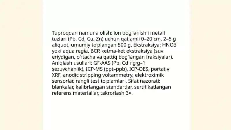 Tuproq ifloslanishida ion boglanishli birikmalarni aniqlab ulardan tozalash usullarini aniqlash 4