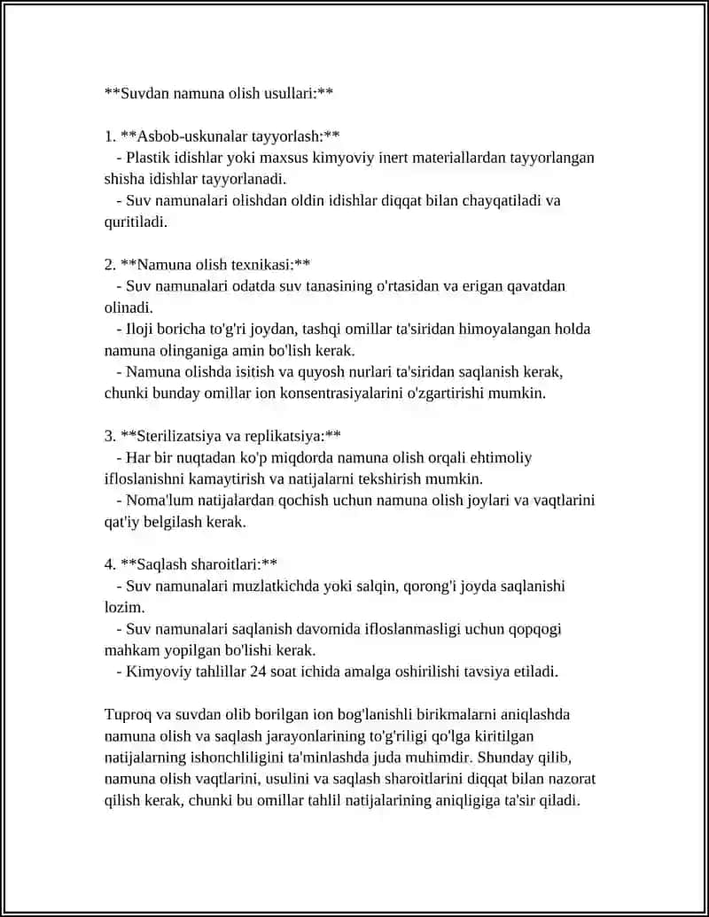 Tuproq va suvdagi ion bog'lanishli birikmalarni namuna olish va saqlash usullari 4