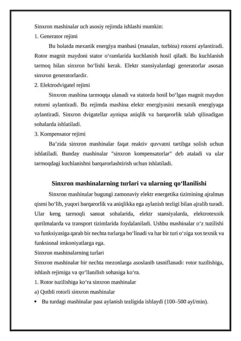 Sinxron mashinalar va ularning turlari. Sinxron mashinaning generator sifatida ishlashi 4