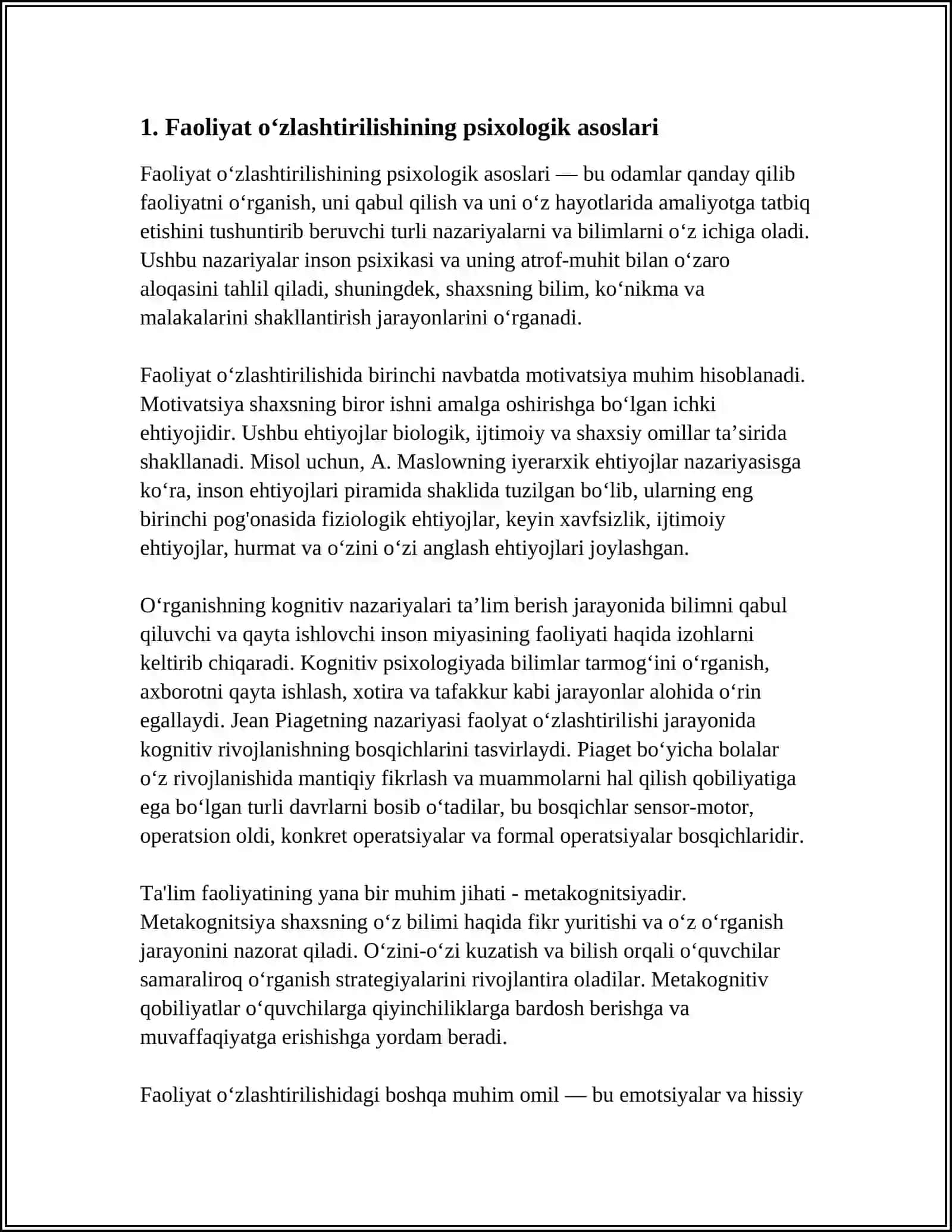 FAOLIYATNING O‘ZLASHTIRILISHI VA MALAKALARNI EGALLASH. MOTIV VA MOTIVATSIYA 4