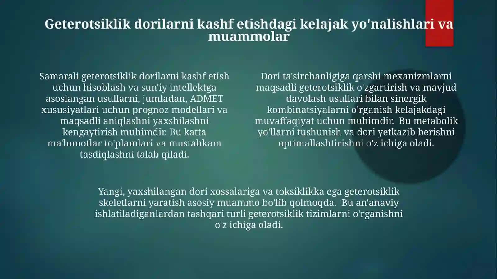 Geterotsiklik birikmalar, metobolitlar va ular dorivor modda sifatida Diyorbek 4