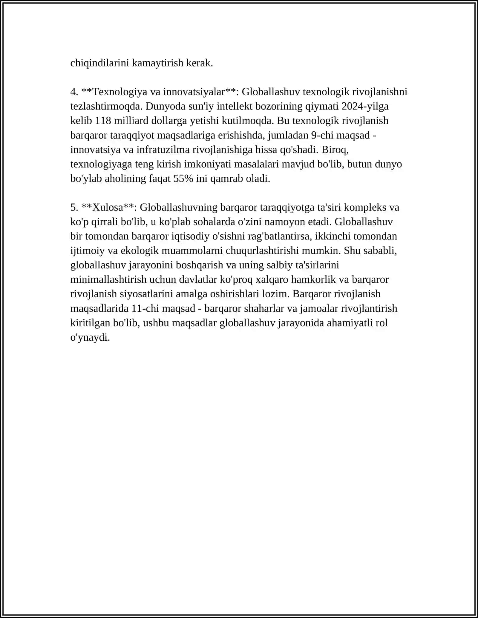 BARQAROR TARAQQIYOTNI TA'MINLASHDA GLOBALLASHUVNING IJOBIY VA SALBIY YOʻNALISHLARI 4