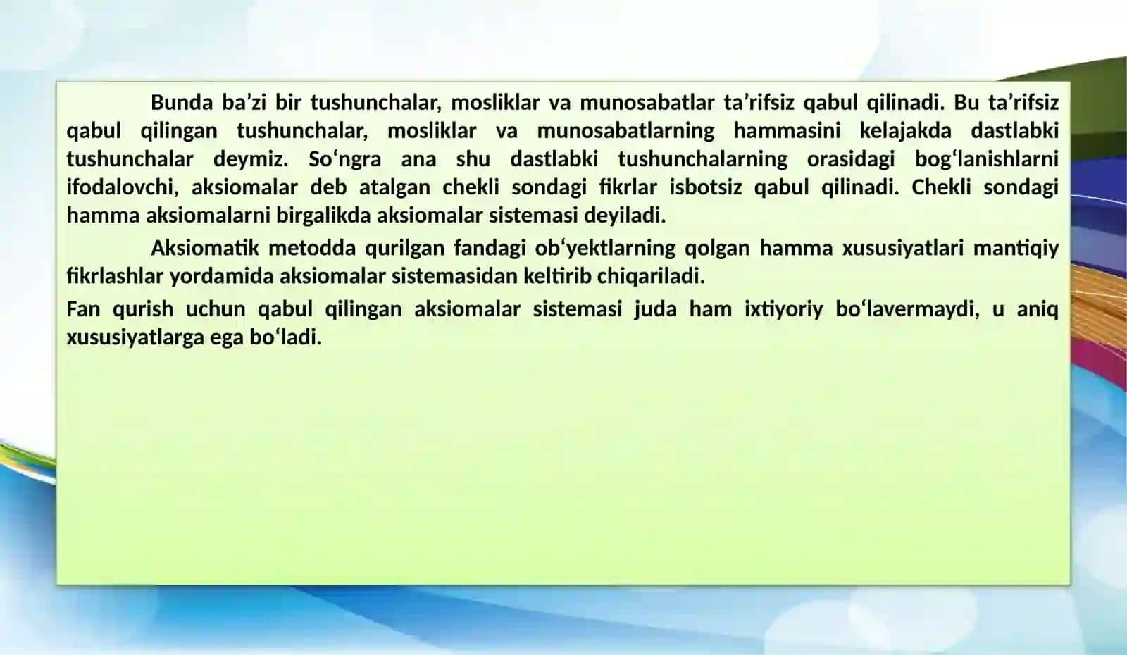 Aksiomatikusul Evilidning “Negizlar” asari 4