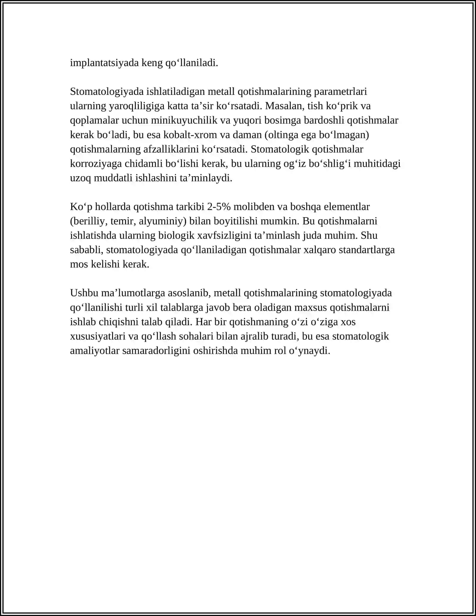MUSTAQIL ISH Mavzu: STOMATOLOGIYADA METAL QOTISHMALAR 4
