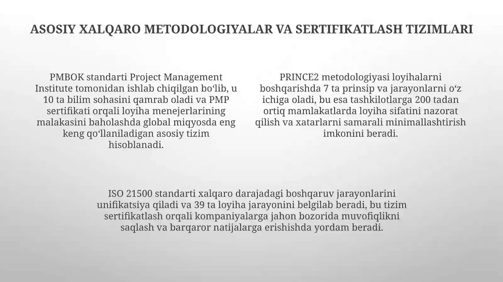 Loyiha boshqaruvining xalqaro uslublari va standartlari 4