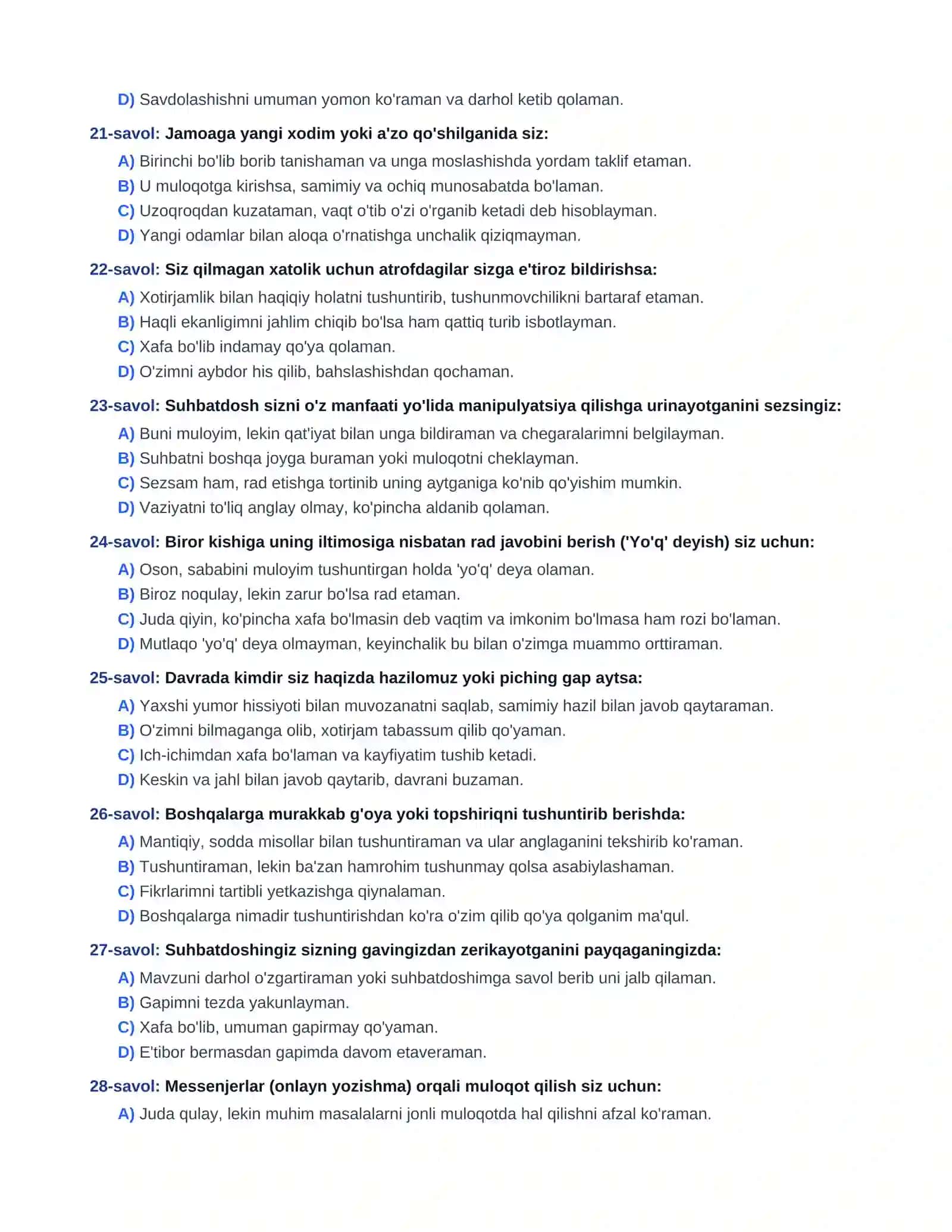 Muloqotchanlikning darajasini aniqlash uchun 4o ta test javoblari bilan 4