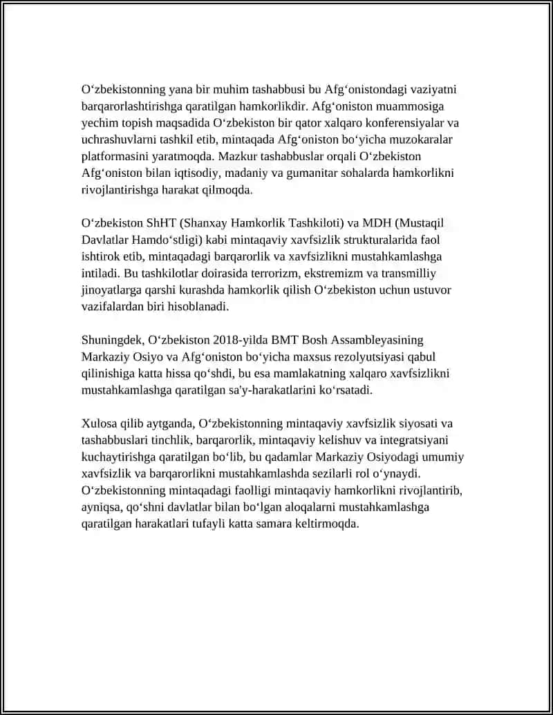 O‘ZBEKISTONNING MARKAZIY OSIYODA TINCHLIK VA BARQARORLIKNI TA’MINLASHDAGI O‘RNI 4