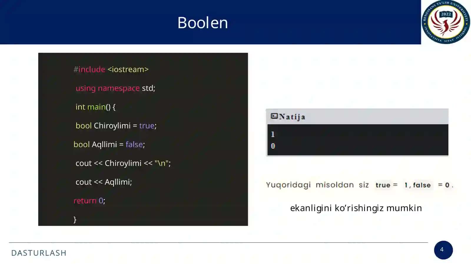 C++ dasturlash tilida mantiqiy (boolen). 4