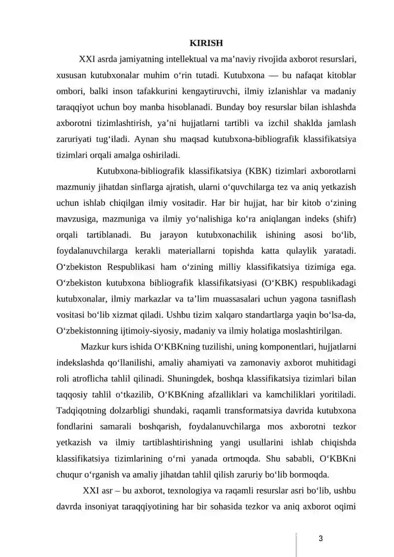 O’ZBEKISTON KUTUBXONA BIBLIOGRAFIK KLASSIFIKATSIYANING UMUMIY TUZILISHINI TAHLIL QILISH VA XUJJATLARNI INDEKSLASH 4