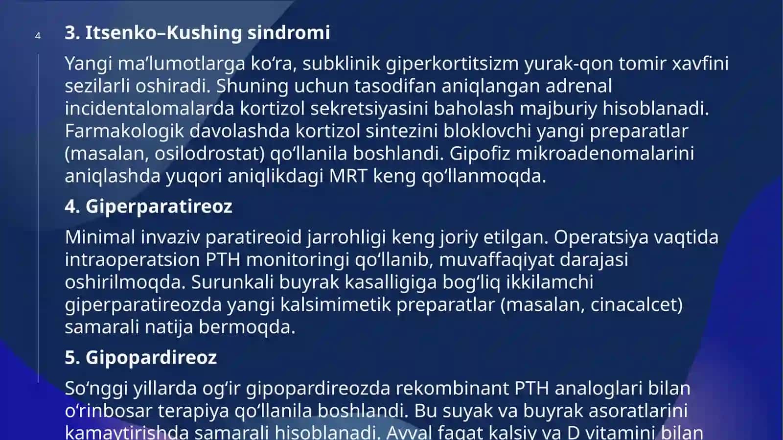 Konnsindromi,Feoxromotsitoma,Itsenko–Kushingsindromi(MKB-10bo‘yicha), Mineralmetabolizm.GiperparatireozvaGipopardireoz 4