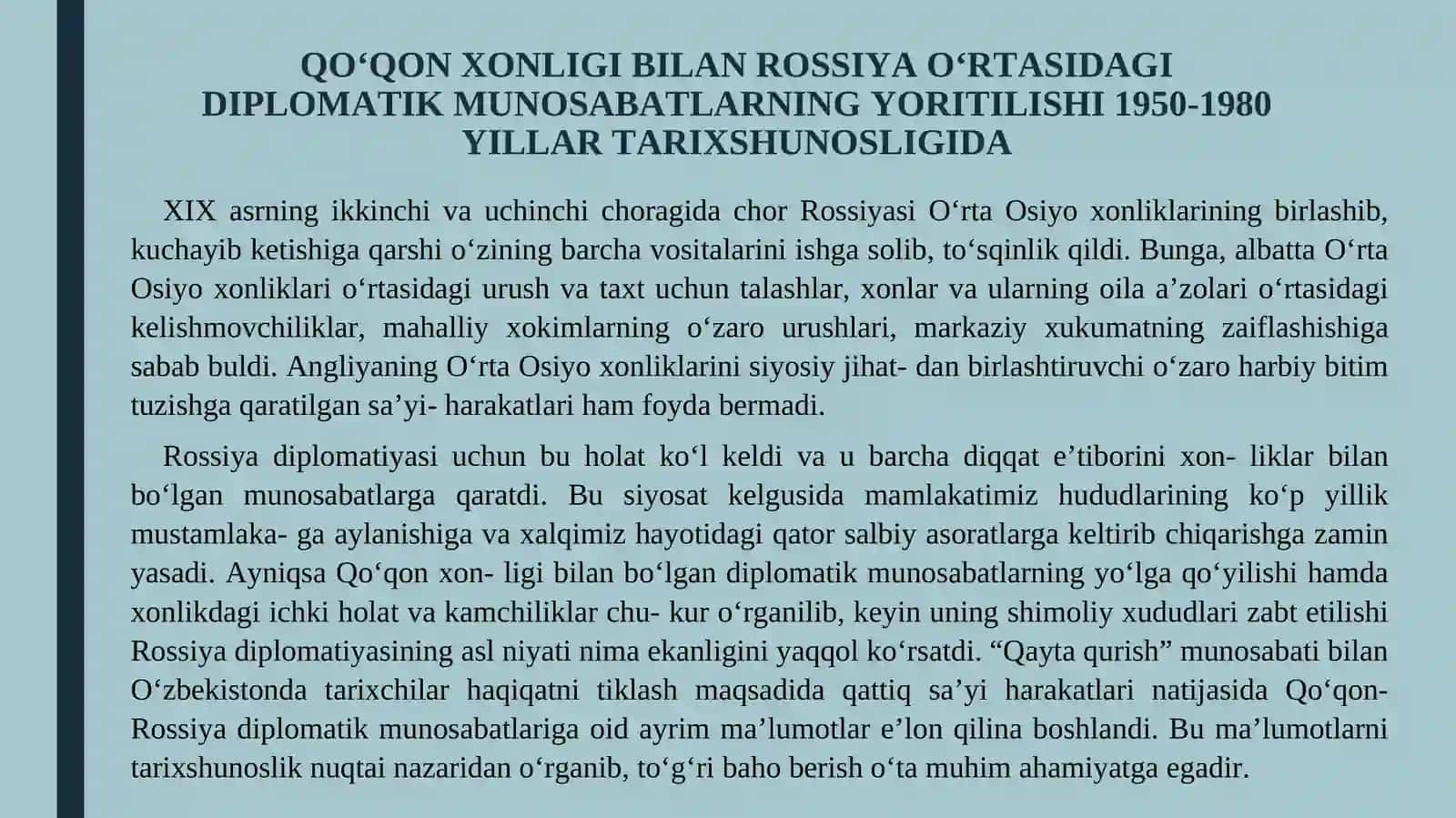 QO‘QON- ROSSIYA DIPLOMATIK MUNOSABATLAR TARIXSHUNOSLIGI 4