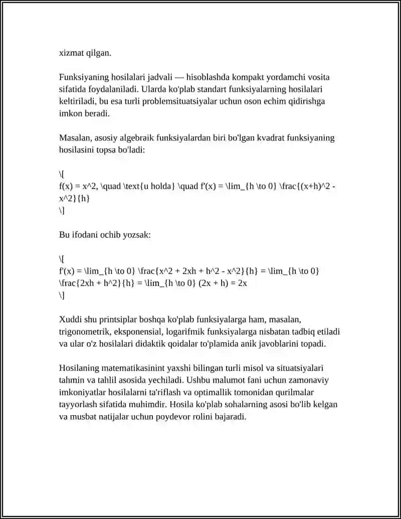 HOSILA VA UNING MAʼNOLARI (GEOMETRIK VA MEXANIK MAʼNO DIFFERENTSIALLANUVCHANLIK, HOSILALAR JADVALI) 4