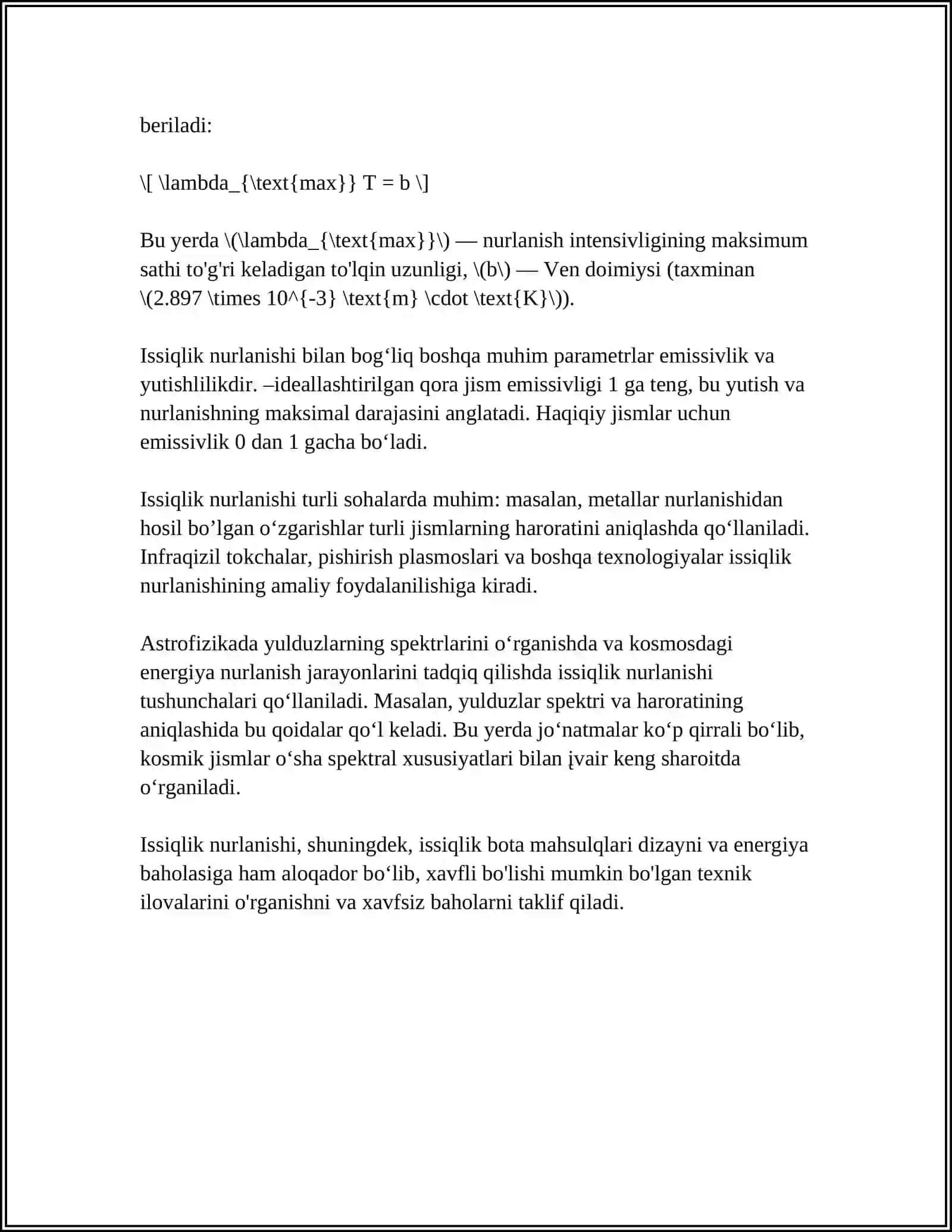 ISSIQLIK NURLANISHI. ABSOLYUT QORA JISM UCHUN ISSIQLIK NURLANISH QONUNLARI 4