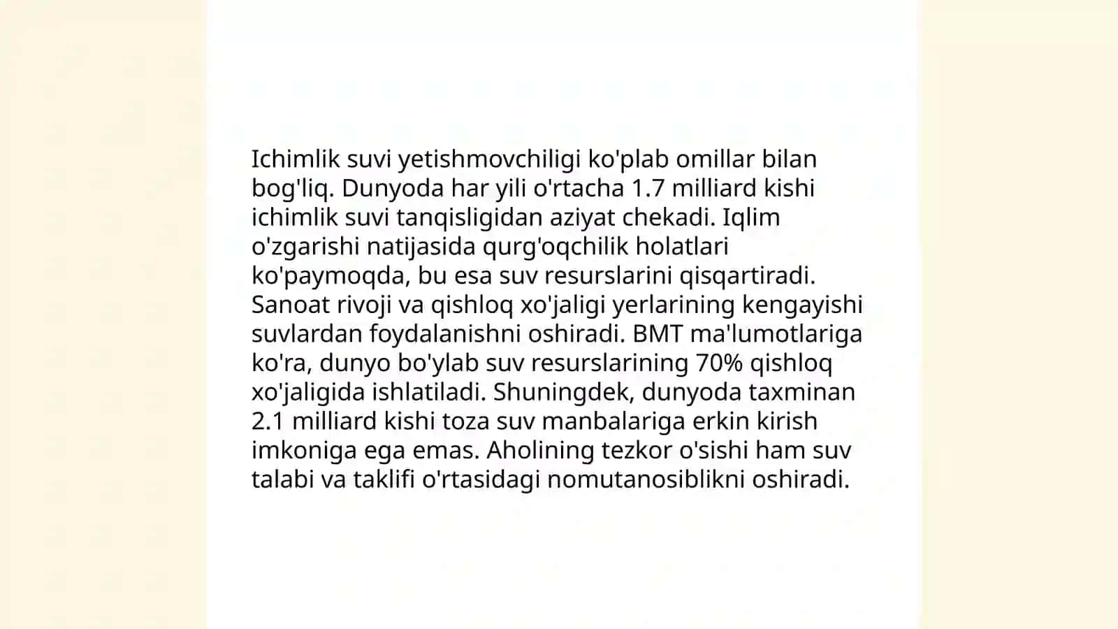 Ichimlik suvi yetishmovchiligi muammosi va yechimi by Isroilova Sevara 4