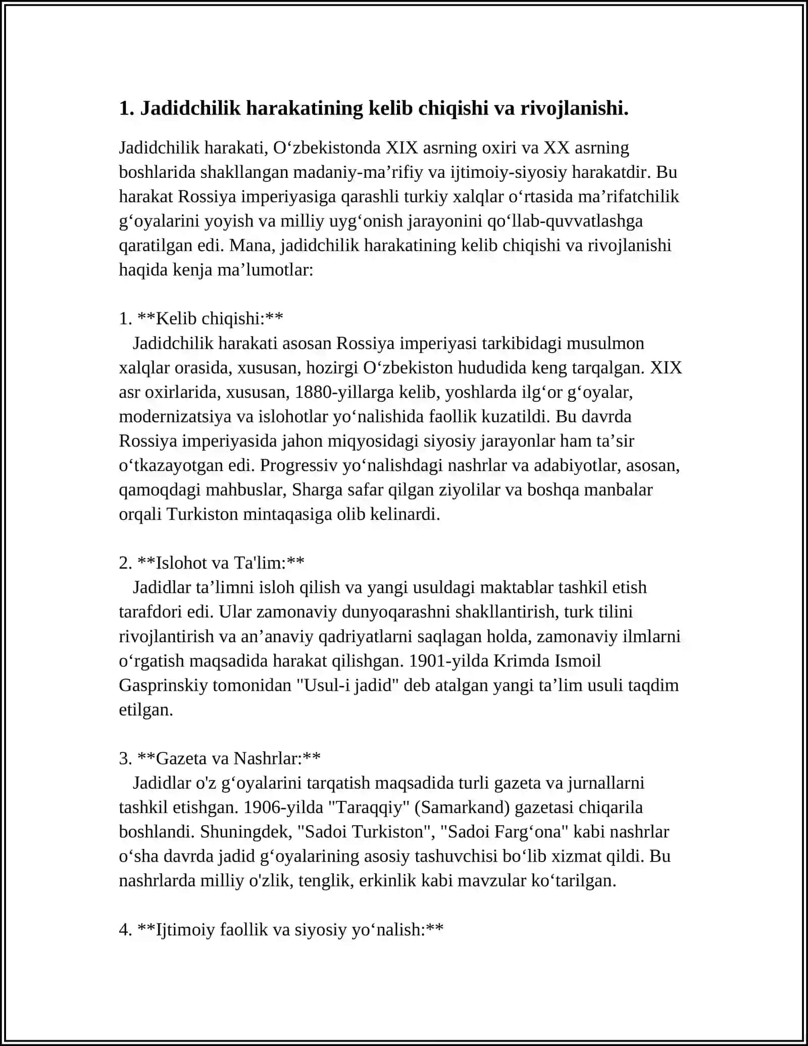 JADID MAʼRIFATPARVARLARNING OʻLKA IJTIMOIY- MANAVIY HAYOTIDA TURGAN OʻRNI( MUNAVVAR QORI, FITRAT, BEHBUDIY, AVLONIY) 4