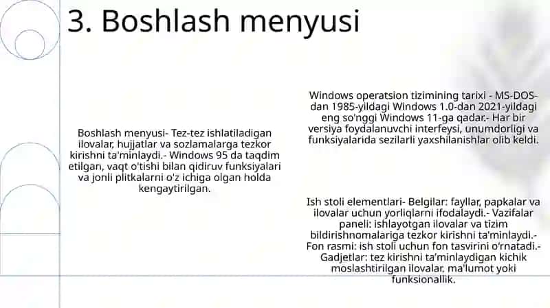 Windows Oilasi Operatsion Tizimi Tarixi Imkoniyatlari.Ishchi Stol Elementlari 4