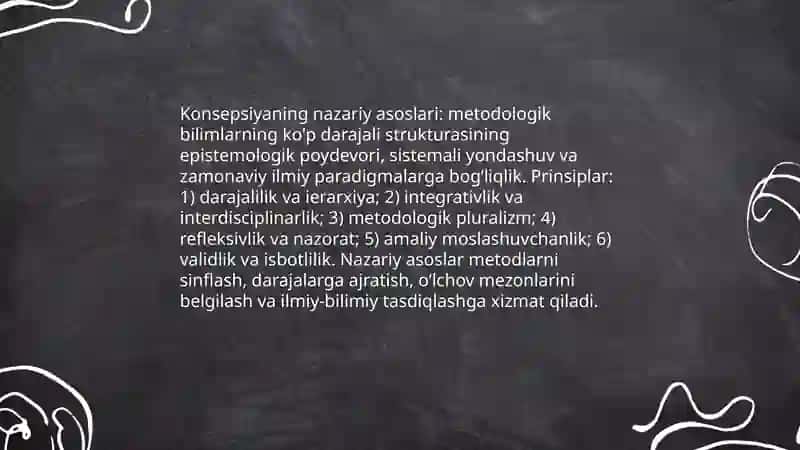 Metodologik bilimlarning kop darajali konsepsiyasi nimalardan iborat 4