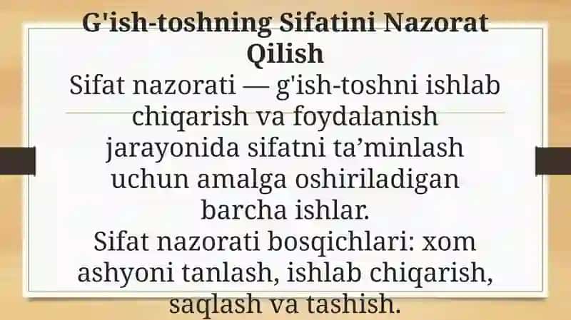 G'ish-tosh terimi sifatini nazorati va g'ish-tosh ishlari mehnatni muhofaza qilish. 4