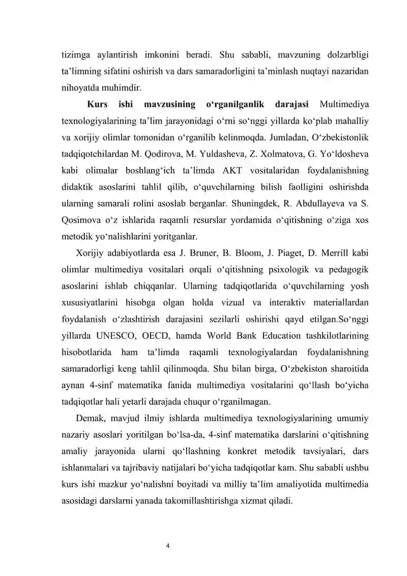 4-sinf matematika darslarida multimediya vositalaridan foydalanish  kurs ishi 4