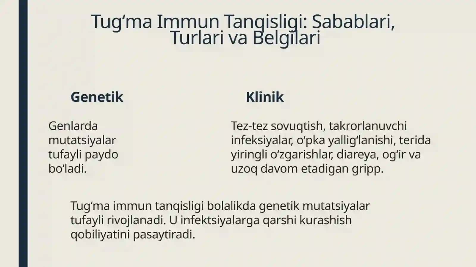 Immunopotolgiya,hozirgi zamon klassifikatsiyasi:tugʻma va orttirilgan immun Taqdimot tibbiyot tanqisligi 4