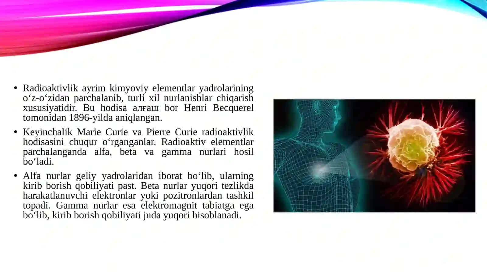 Radioto'lqinli jarroxlik.Radioaktivlik.Ionlantiruvchi nurlanishning organizmga ta'siri 4