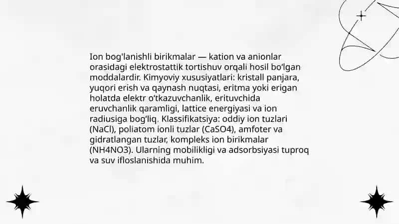 Tuproq va suvning ifloslanishida ion bog'lanishli birikmalarni aniqlab, ulardan tozalash usulini ishlab chiqish 4