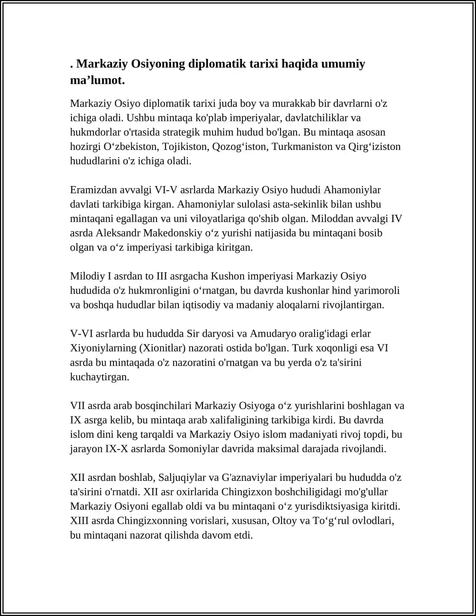 TOSHKENT DAVLAT SHARQSHUNOSLIK UNIVERSITETI MARKAZIY OSIYO DIPLOMATIYASI TARIXI FANINING MAZMUNI, PREDMETI VA METODI 4