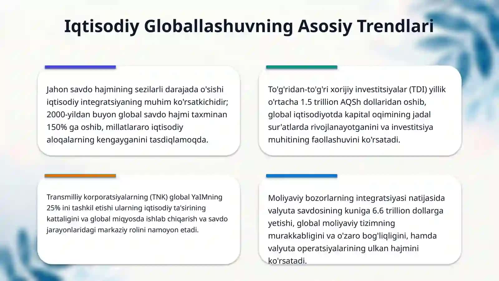 Globallashuv jarayonlari va barqaror taraqqiyot yo'lida yuzaga kelayotgan tahdidlar 4