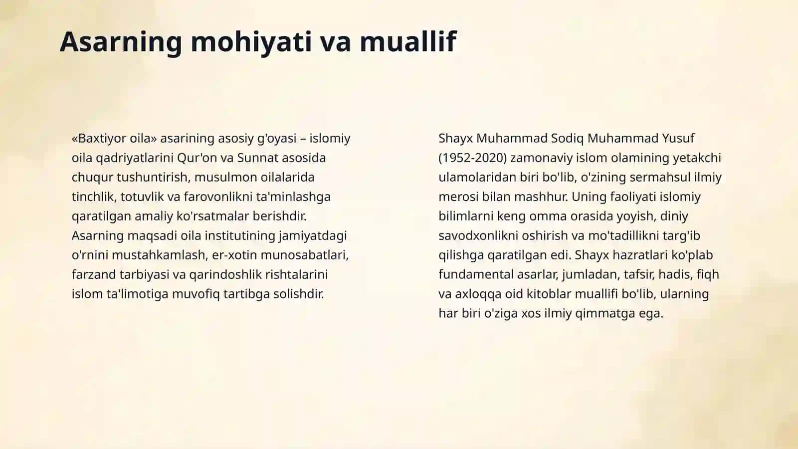 Shayx Muhammad Sodiq Muhammad Yusufning Baxtiyor oila asarida islom qadriyatlarining talqini 4