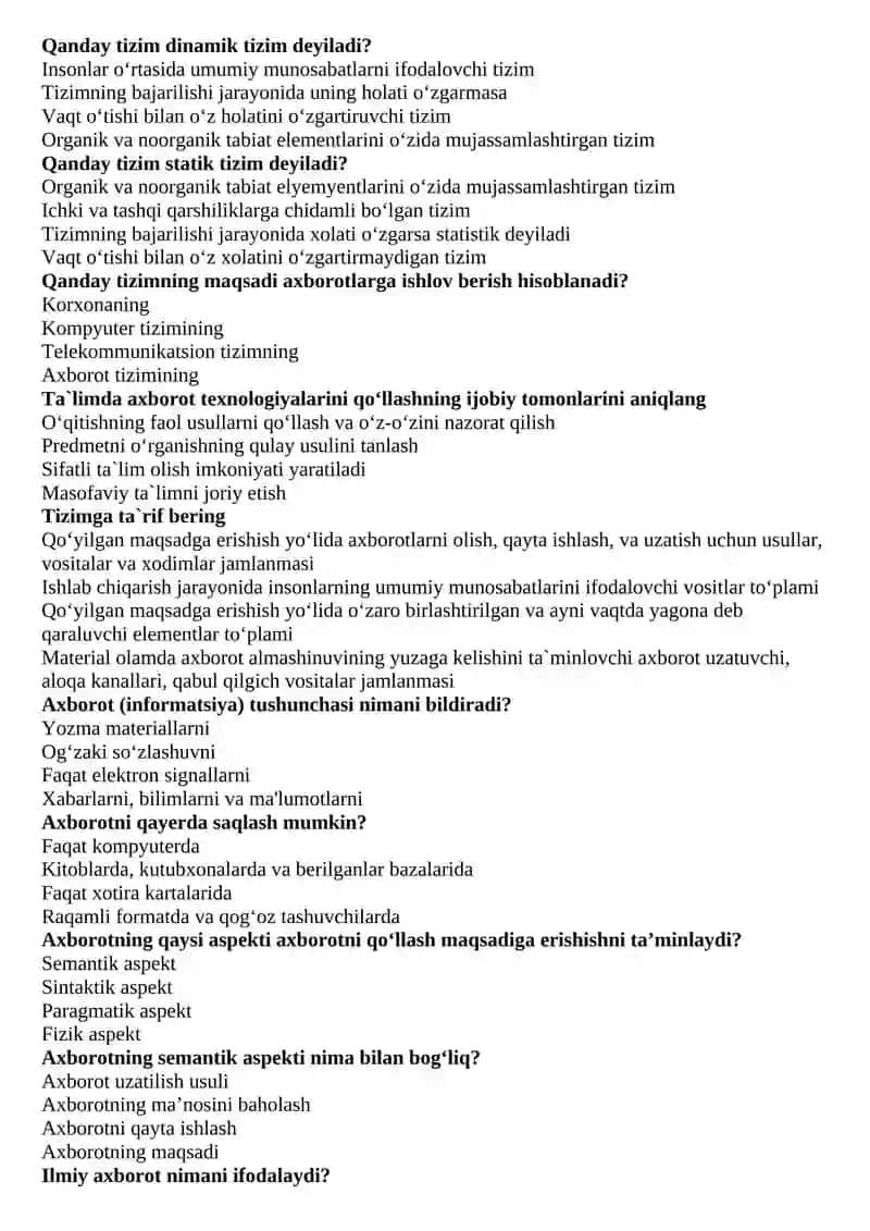 “AXBOROT TEXNOLOGIYALARI” FANI BO‘YICHA  BAKALAVRIAT TA’LIM YO‘NALISHLARI UCHUN  TEST SAVOLLARI 4