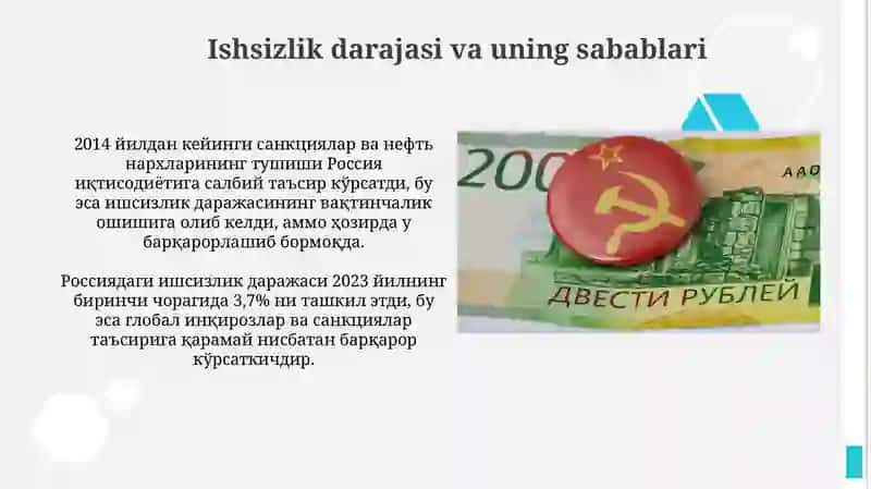 Rossiyaning iqtisodiy ko'rsatkichlari YaIm,YamM, davlat qarzi,kredit-valyuta va ishsizlik darajasi 4